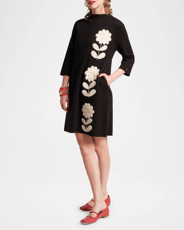 Annie Mock-Neck Embroidered Shift Dress